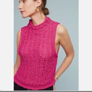 Anthropologie Fuchsia Pink Sleeveless Mock Neck Cable Knit Sweater